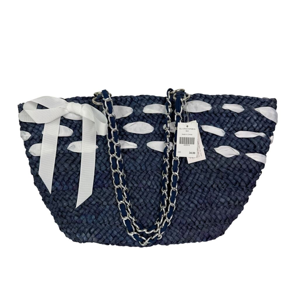 Blue Woven Straw Tote Bag White Ribbon Bow & Laced Chain Double Straps NEW